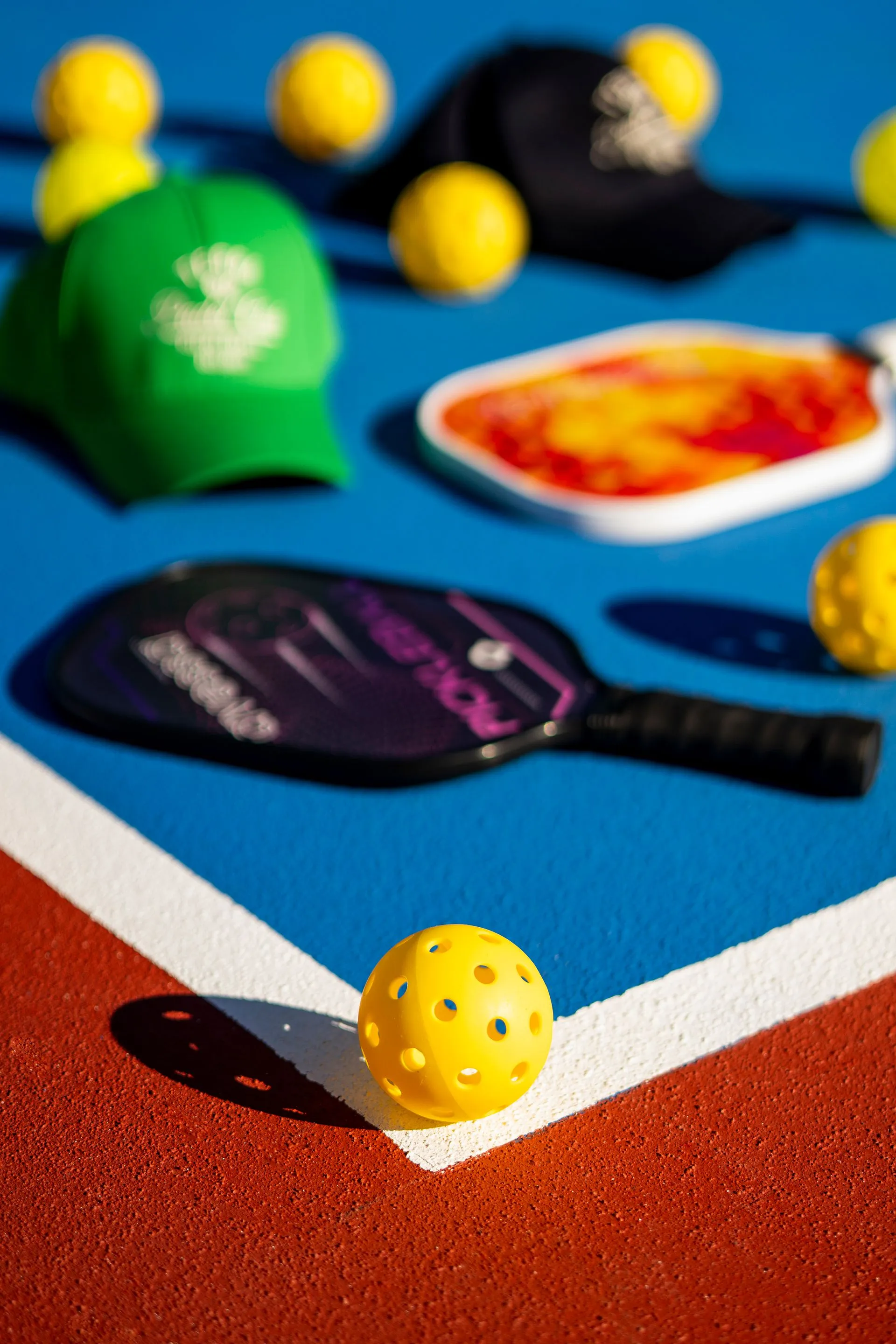Colourful paddles, balls and caps on a court