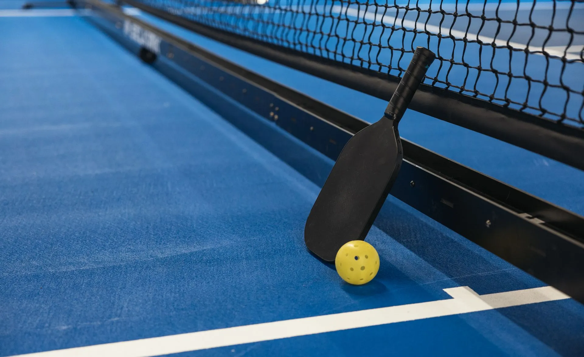 Paddle resting against the net with a yellow ball